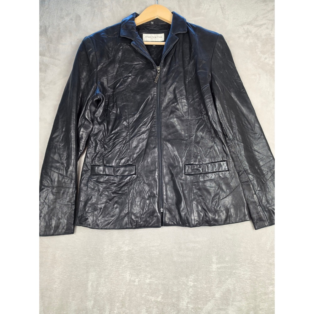Jones New York Leather Jacket Womens Petite M Black Full Zip Lined